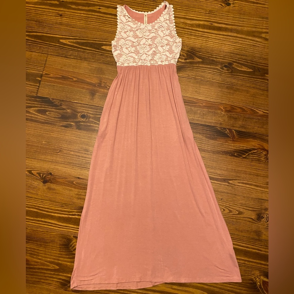 Vanilla Bay Dress, Pink With Pretty White Lace, Long, Size Small, Pockets